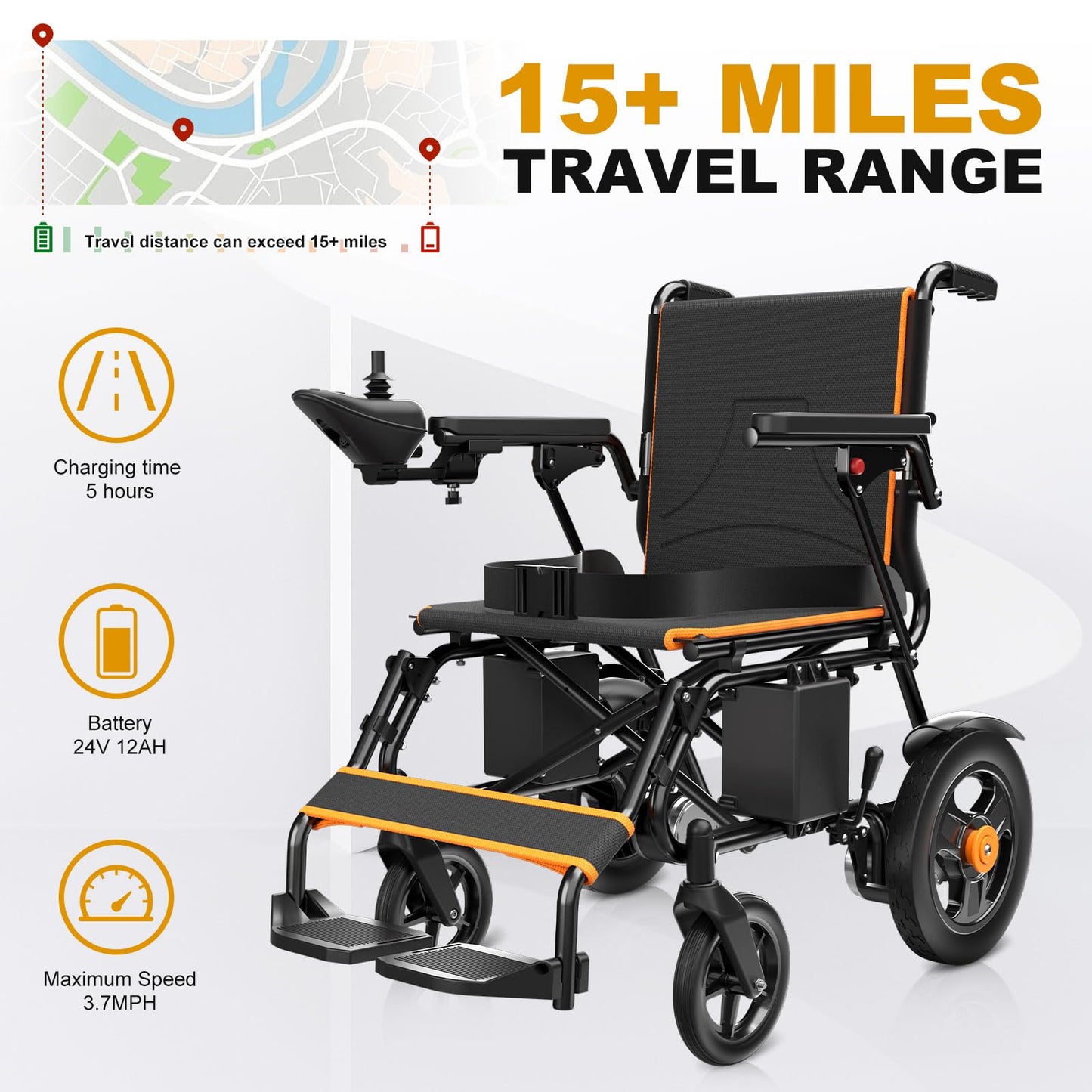 Electric Wheelchair for Adults – Foldable Lightweight Power Chair, 15-Mile Range, All-Terrain Mobility, Supports 350 lbs